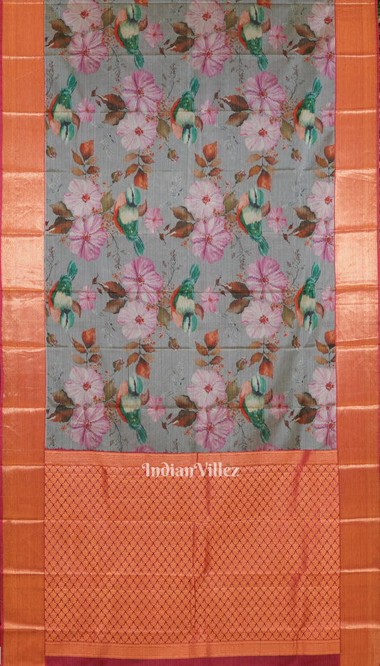 Grey Pink Floral Digital Print Kanjivaram Silk Saree