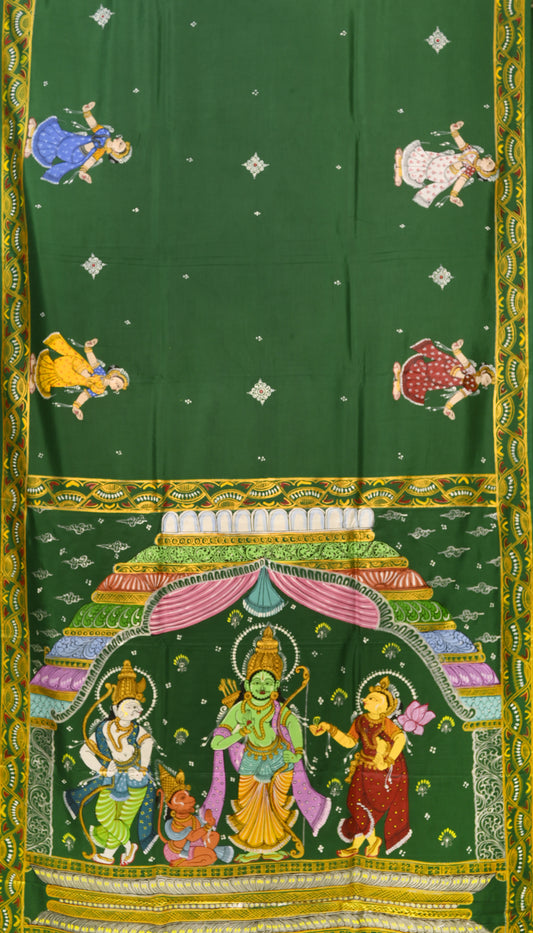 Green Ramayana Theme Hand-Painted Pattachitra Saree