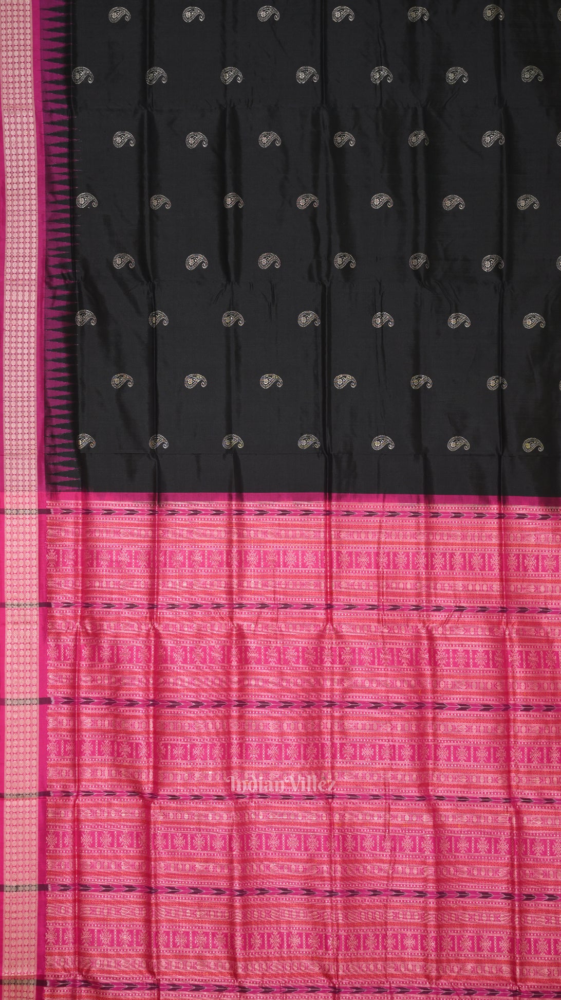 Dark Black Rani Pink Mango with Butta Design Bomkai Sambalpuri Silk Saree 