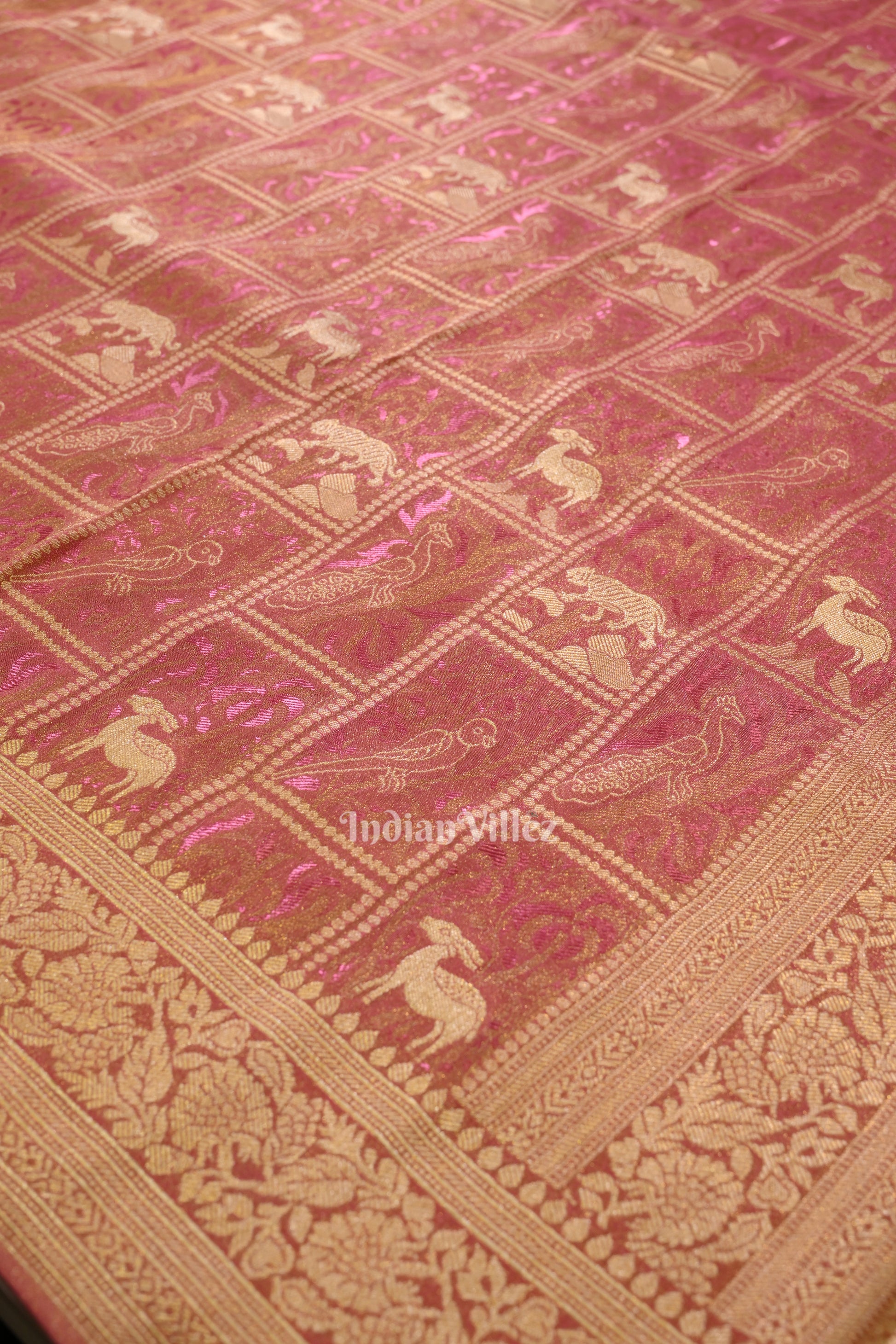 Baby Pink Shikargah Theme Katan Banarasi Tissue Saree