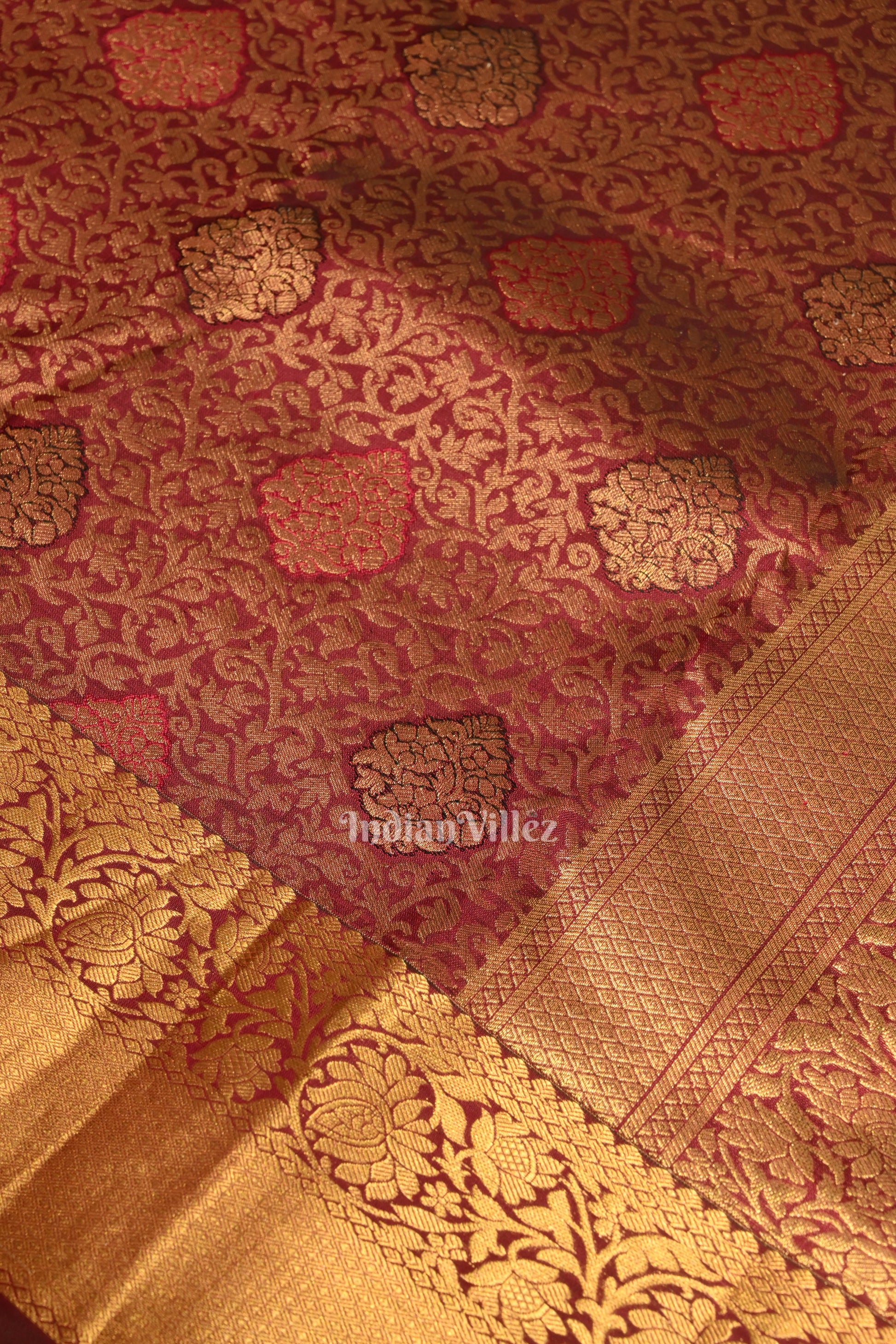 Deep Maroon Pure Brocade with Golden Broder  Bridal Kanjivaram Silk Saree 