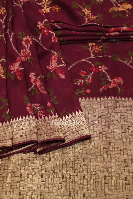 Wine Brocade Tussar Georgette Banarasi Saree