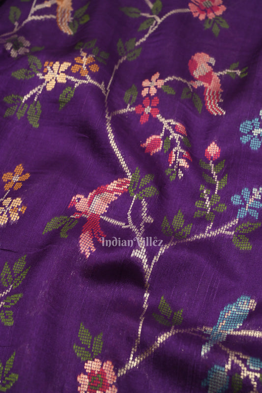 Violet Tussar with Silver Border Banarasi Silk Saree with Tassels 