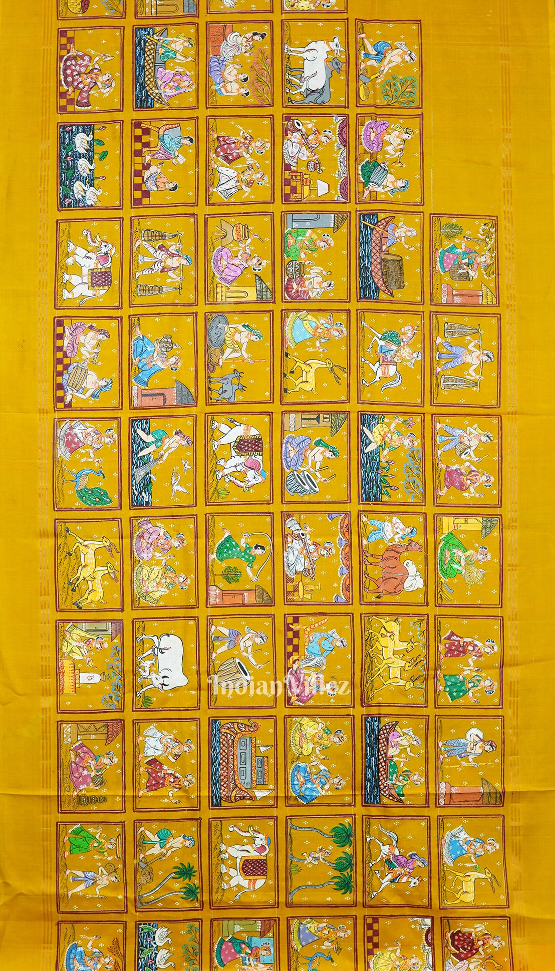 Golden Yellow Radha Krishna Village Theme Pattachitra Sare