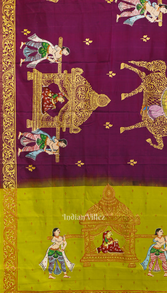 Magenta With Parrot Green Marriage Theme Hand-Painted Pattachitra Saree