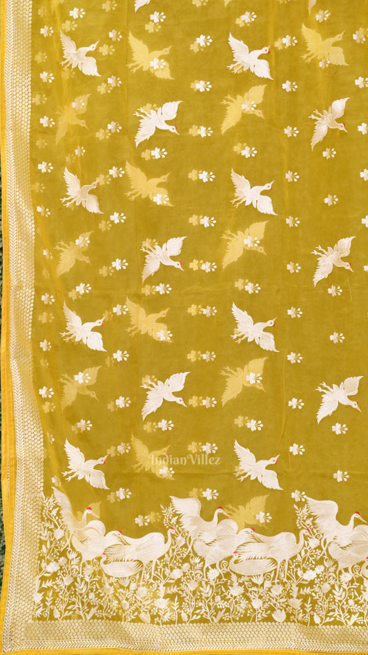 Yellow Parsi Gara Floral Motif Hand Embroidered Saree 