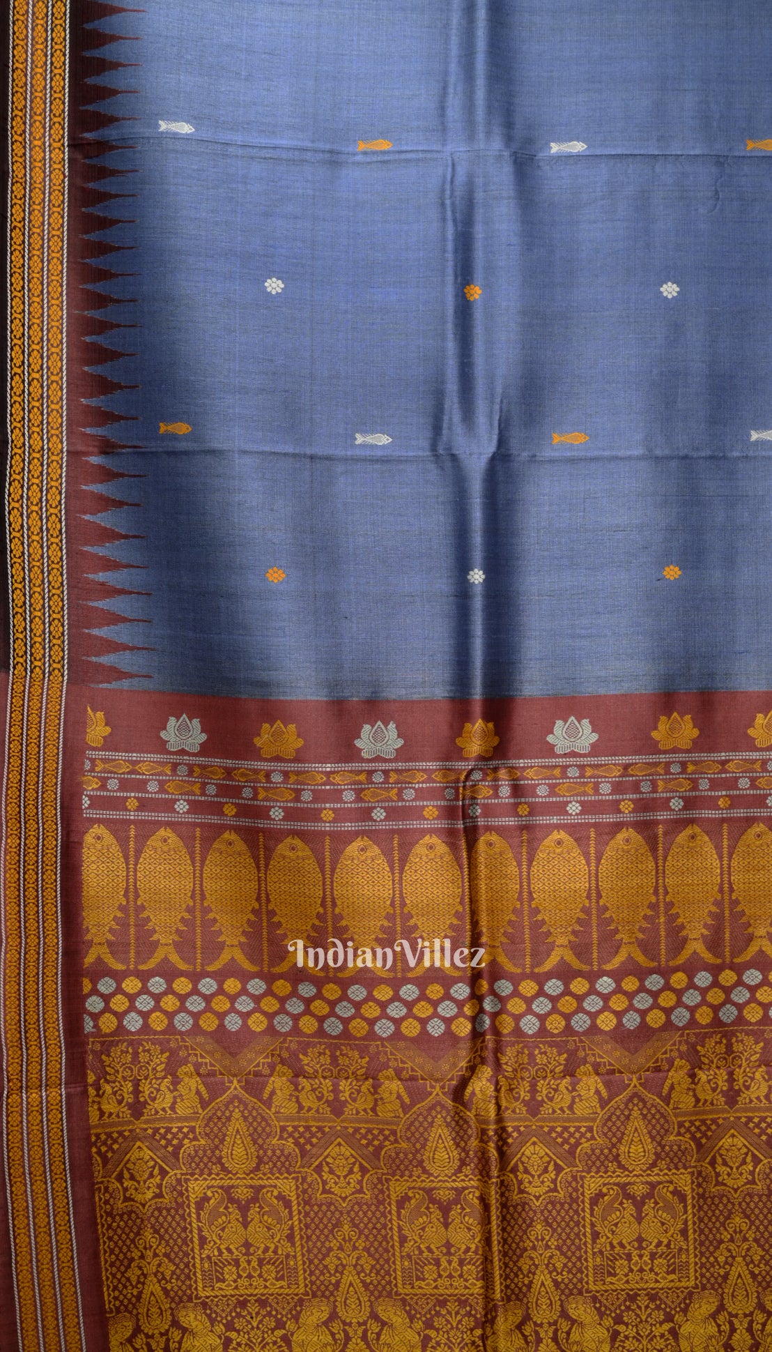 Light Purple Blue Fish Motif Gopalpur Tussar Silk Saree