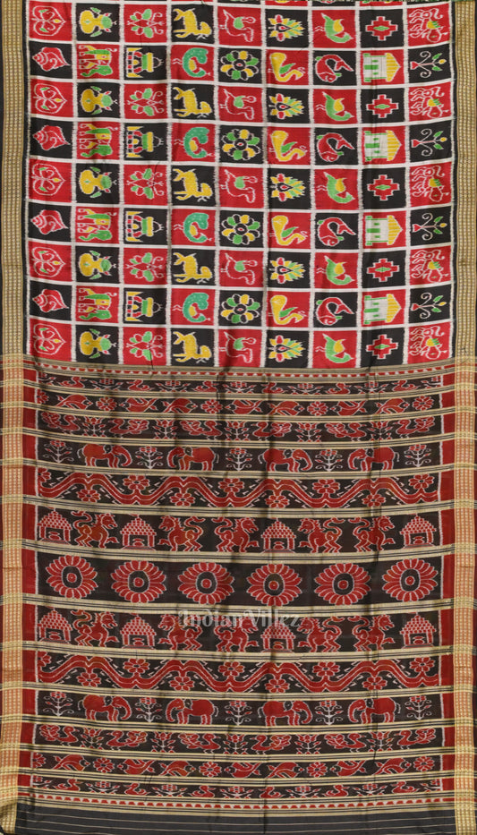 Black Red Nabakothi Odisha Ikat Sambalpuri Silk Saree with Rudraksha Border