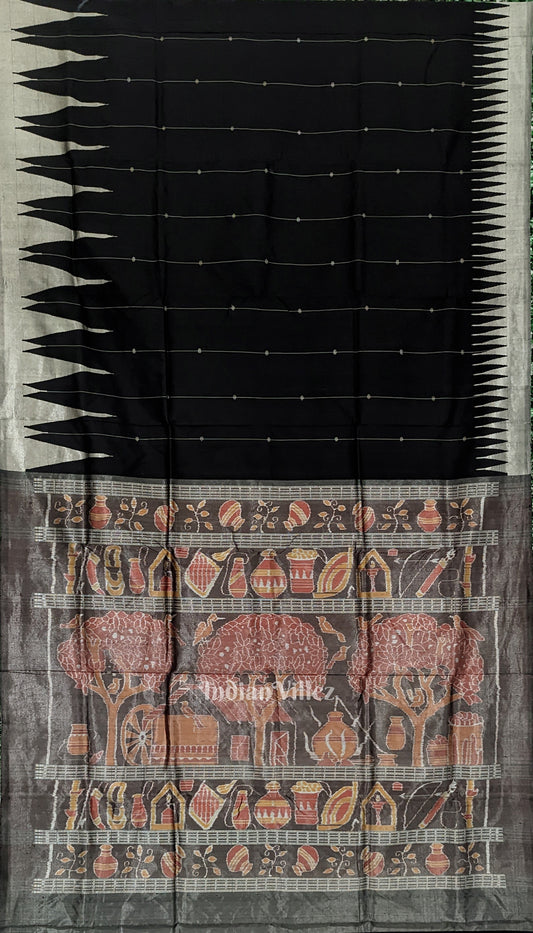 Black with Golden Zari (Tissue) Phoda Kumbha Sambalpuri Silk Saree