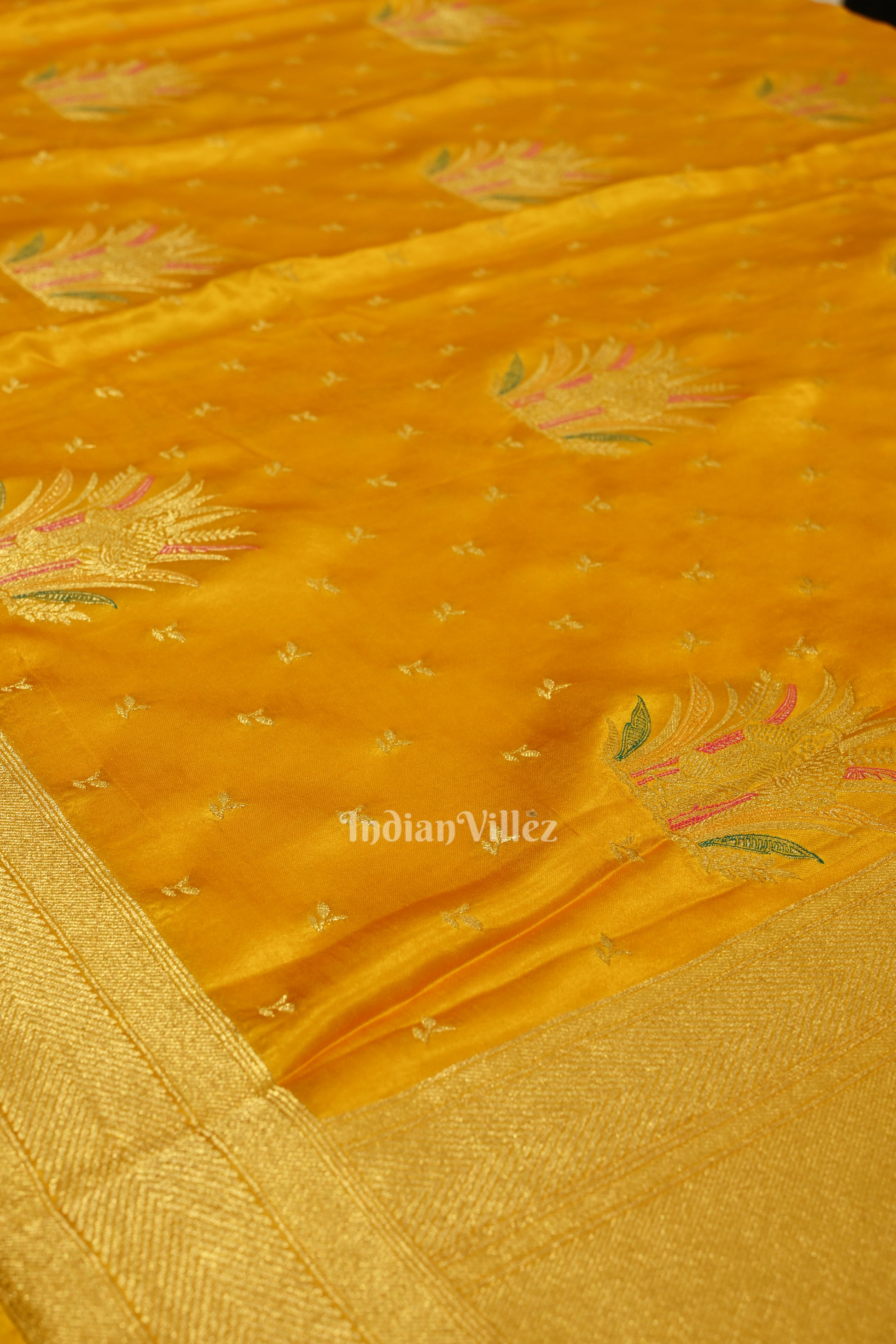 Authentic Mustard Yellow with Golden Broder Mashru Satin Silk Banarasi Saree