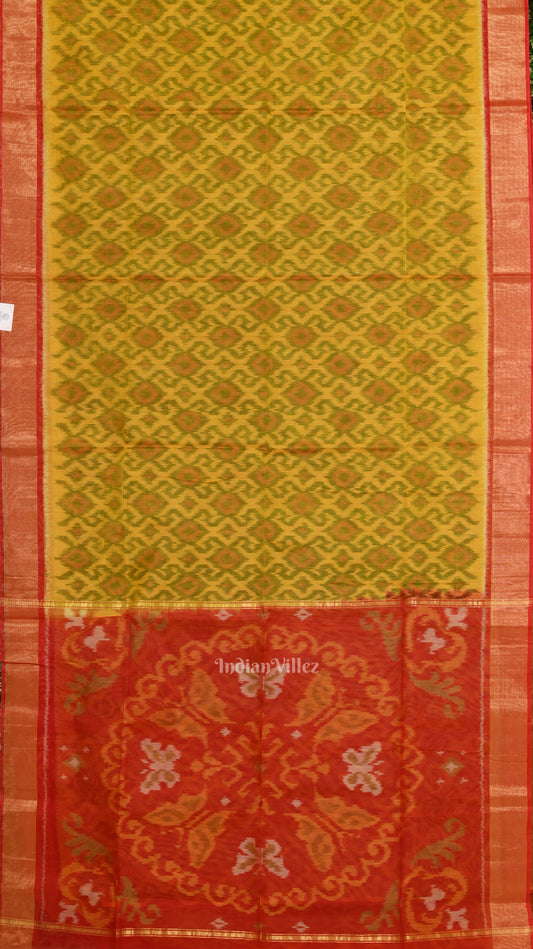 Yellow Red Pochampally Ikat Sico (Silk &Cotton) Saree with Zari Border