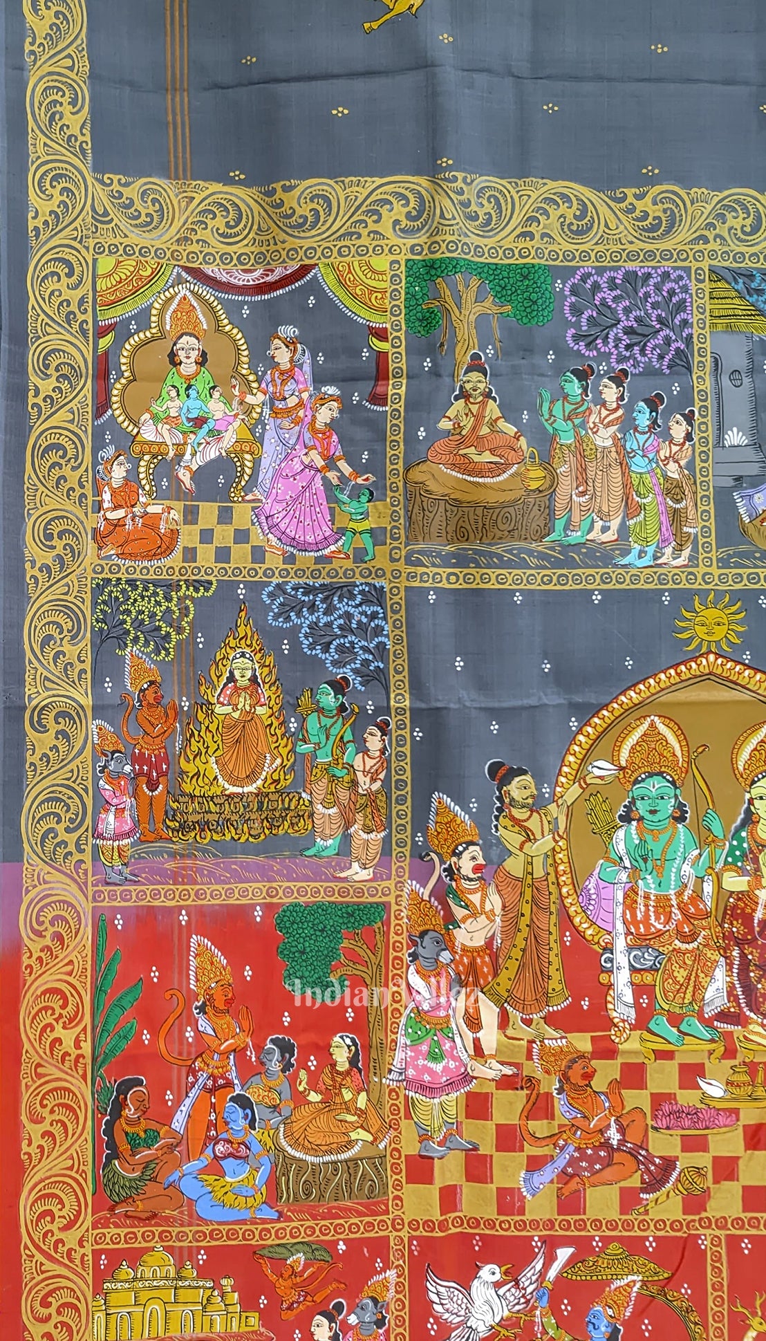 Black Grey Ramayan Theme Hand-Painted Pattachitra Saree