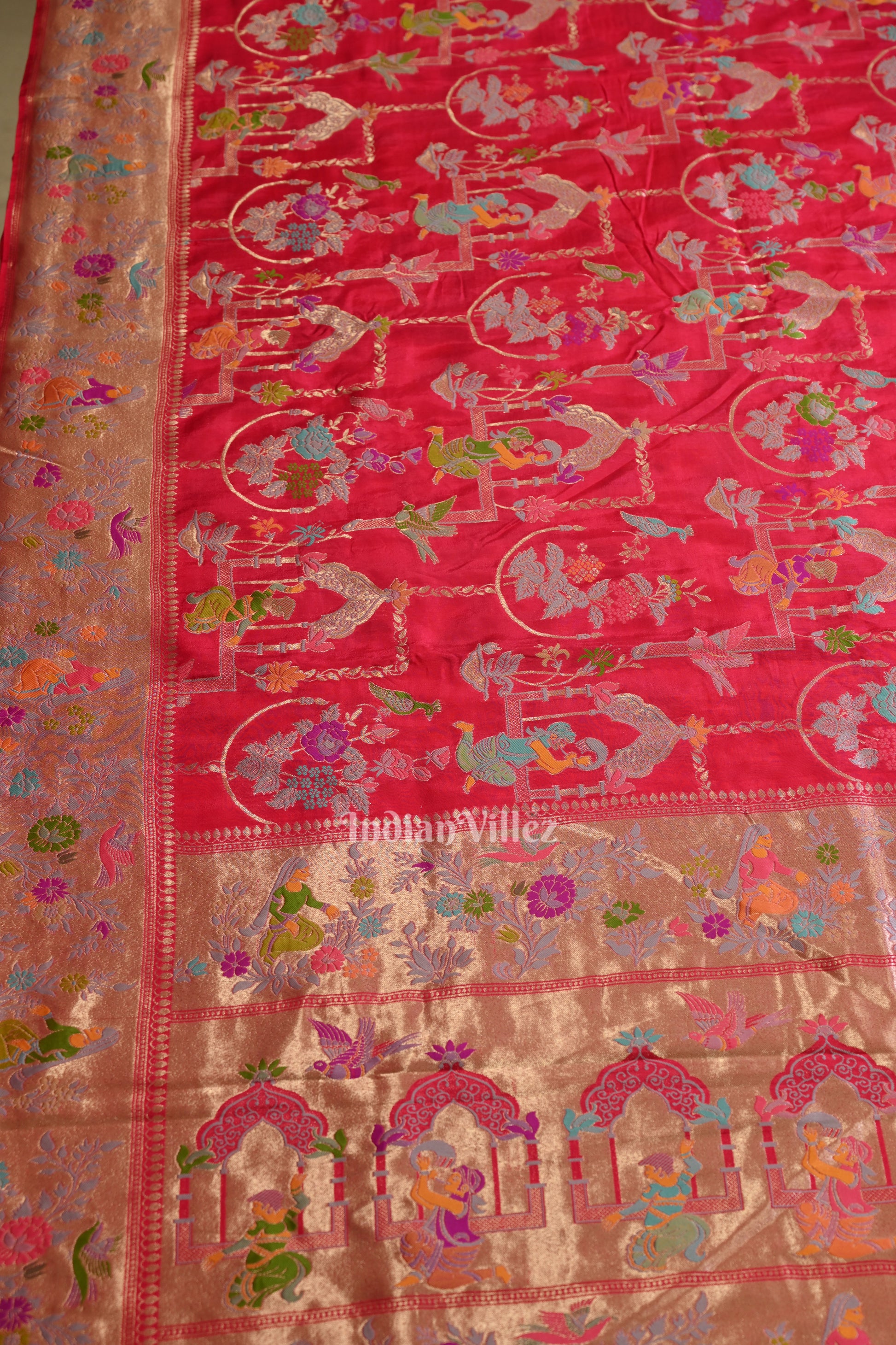 Bright Pink Tussar Georget Banarasi  Saree