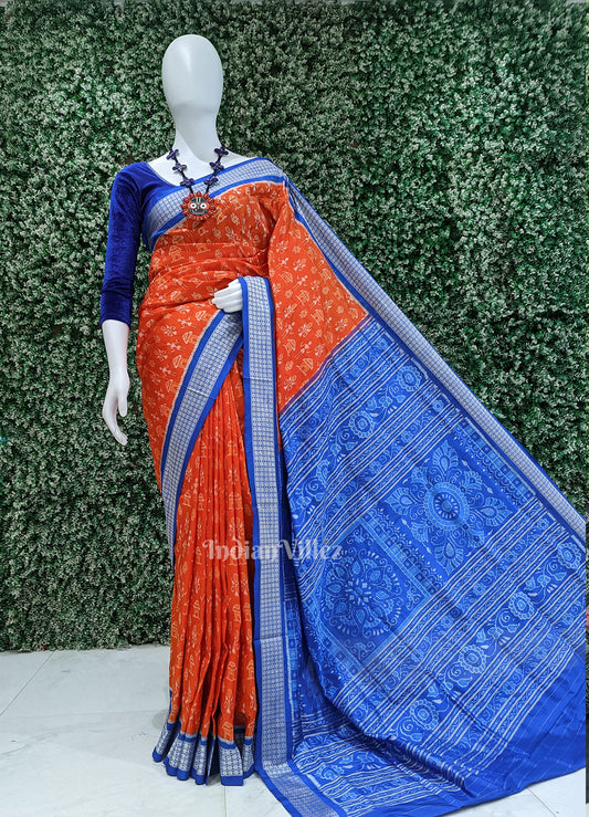 Orange Blue Tribal Theme Sambalpuri Silk Saree