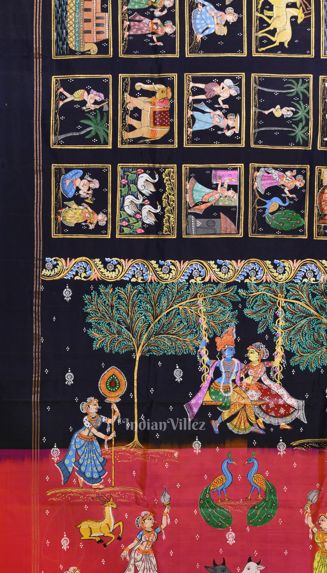  Navy Blue Radha Krishna Hand-Painted Pattachitra Silk Saree 