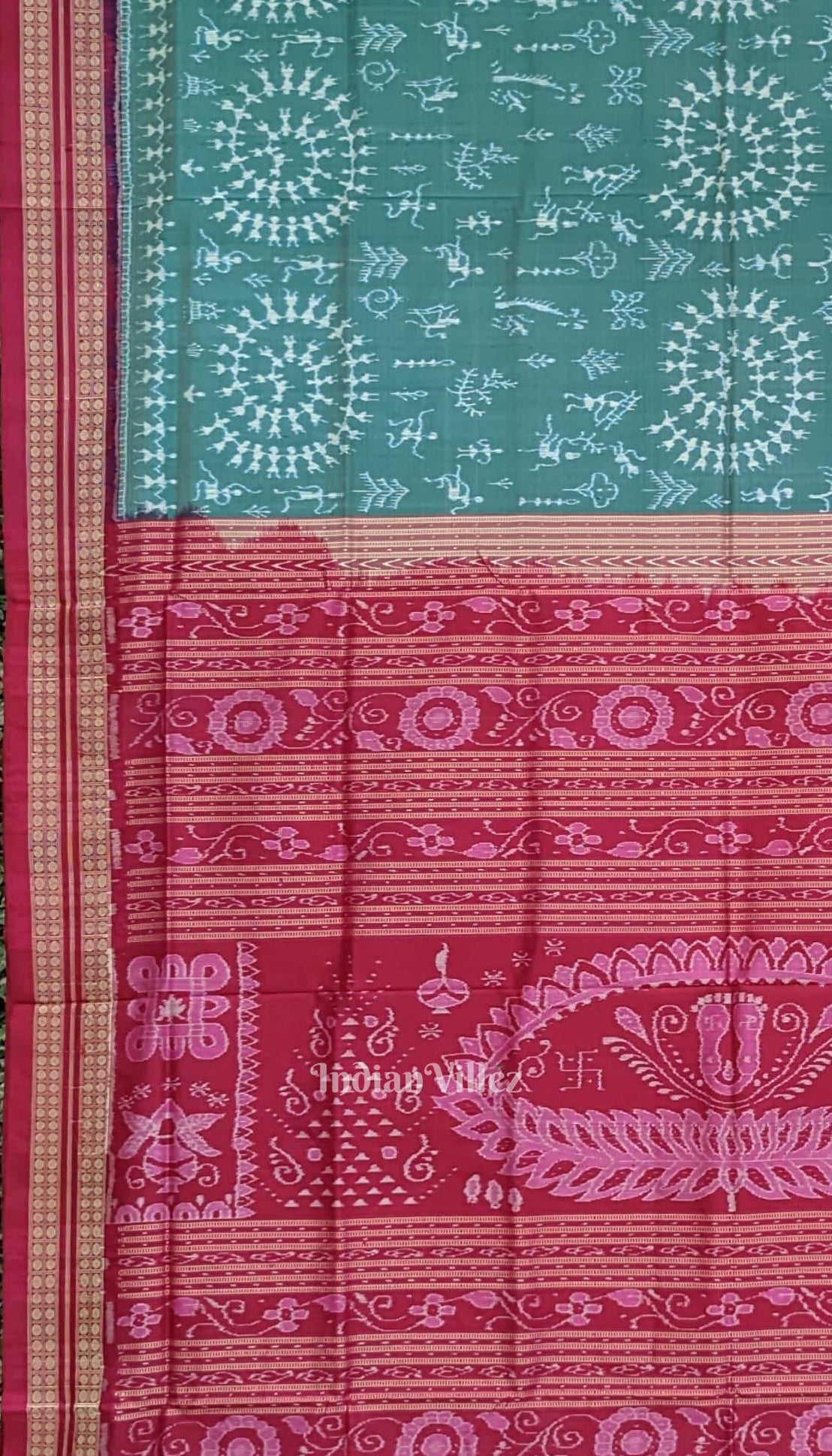 Light Green Odisha Ikat Tribal Theme Sambalpuri Silk Saree