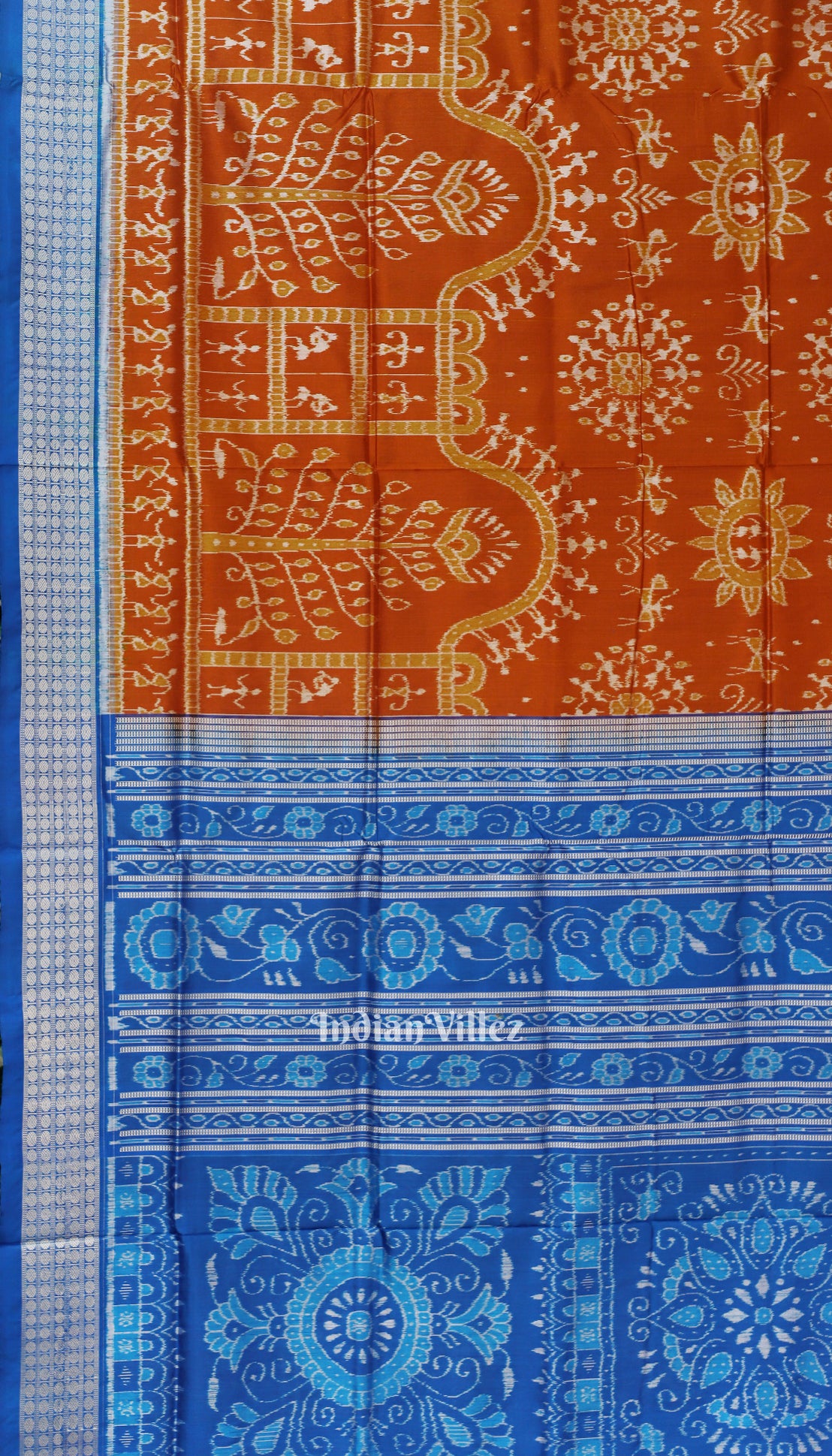 Orange Blue Tribal Theme Odisha Ikat Pure Sambalpuri Silk Saree