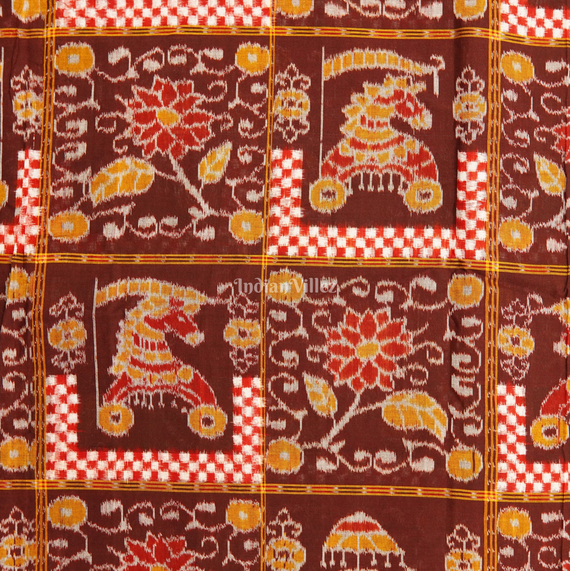 Rust Maroon Floral Motif Sambalpuri Ikat Cotton Fabric