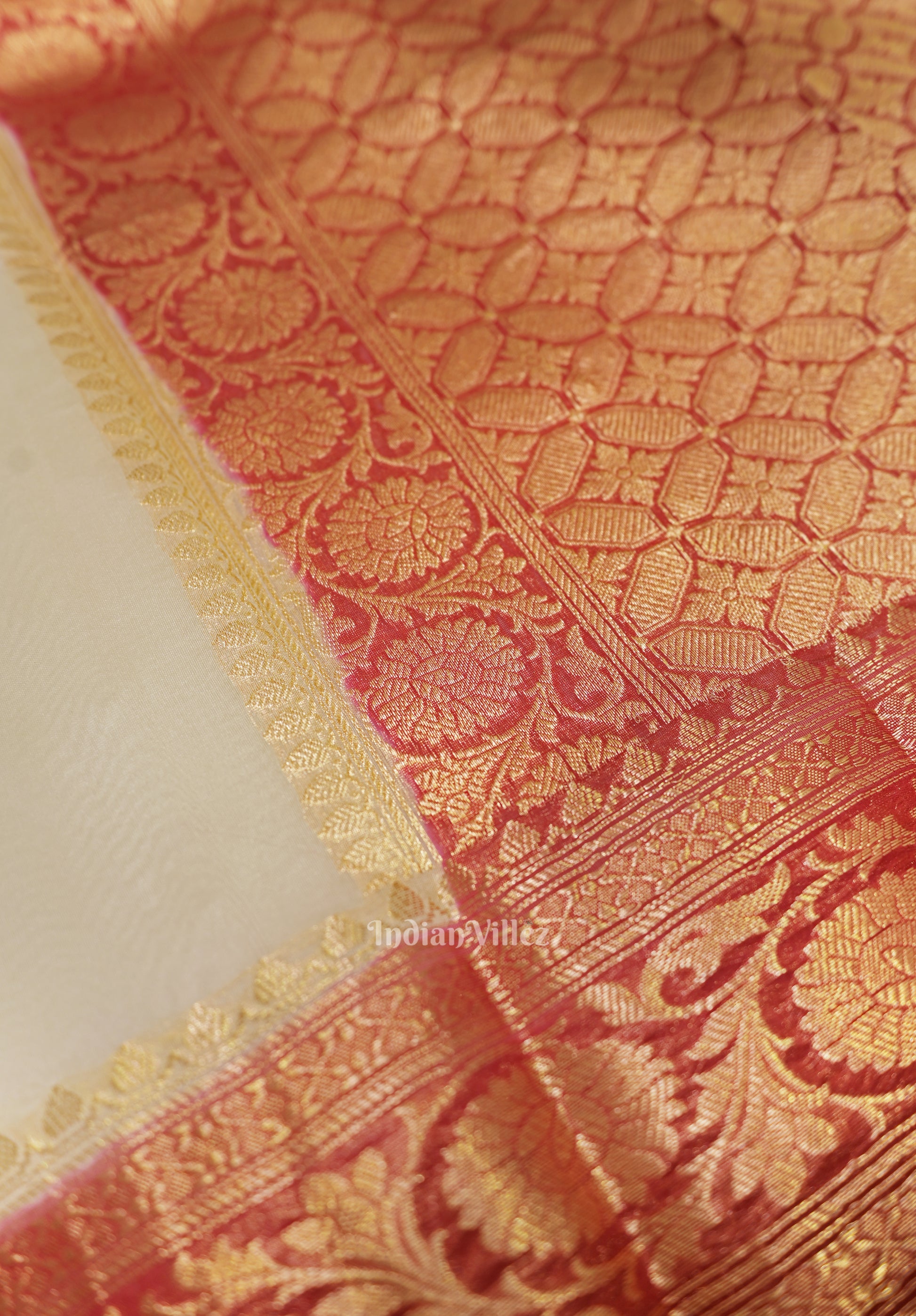 Off White Red Designer Katan Banarasi Tissue Saree