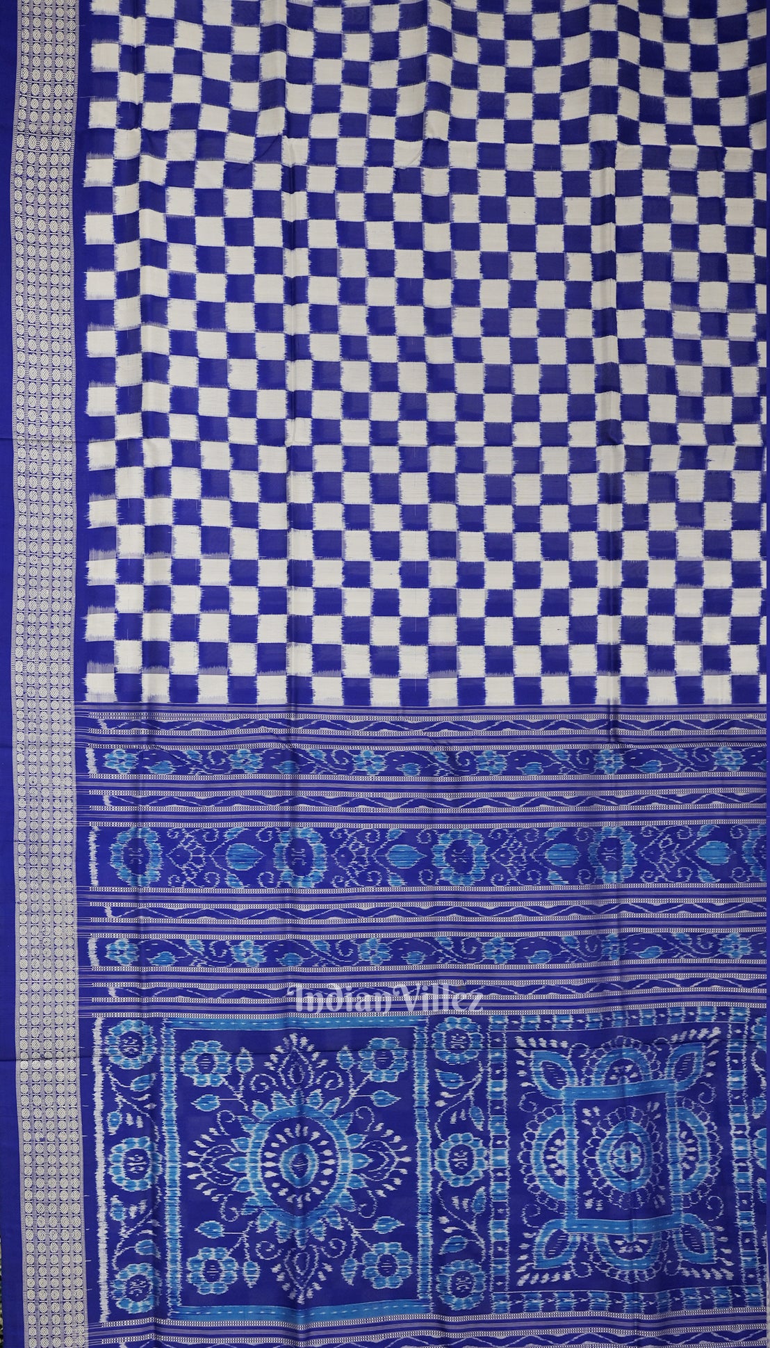 Blue Grey Odisha Ikat Square Motif Sambalpuri Silk Saree