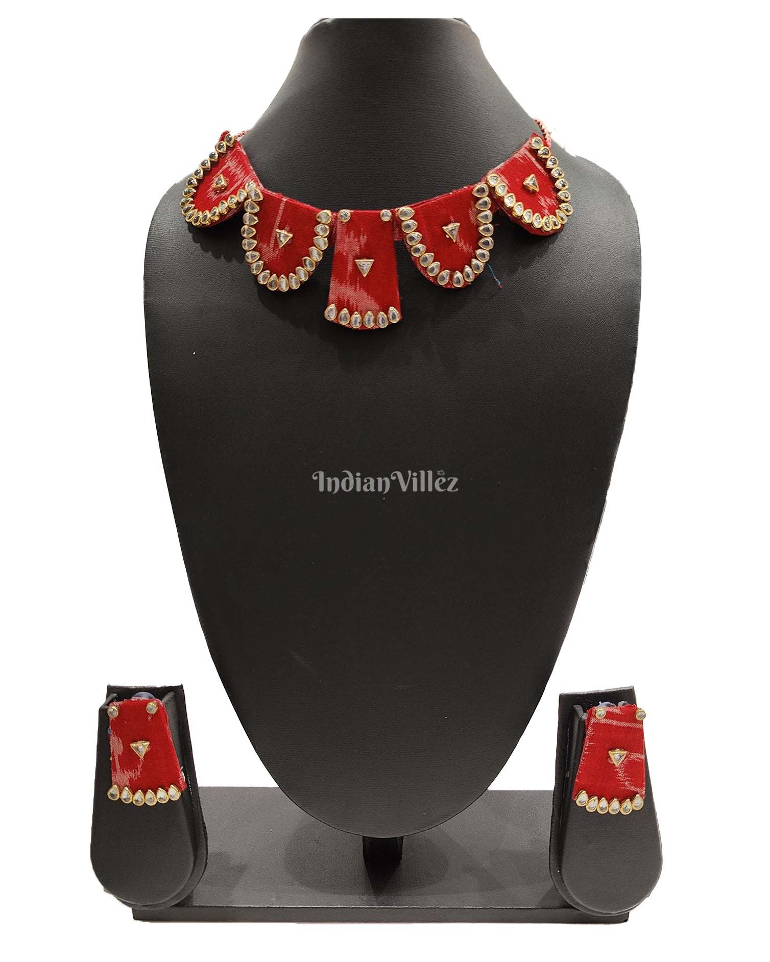 Red Sambalpuri Fabric Choker Jewellery - Necklace & Earrings Set