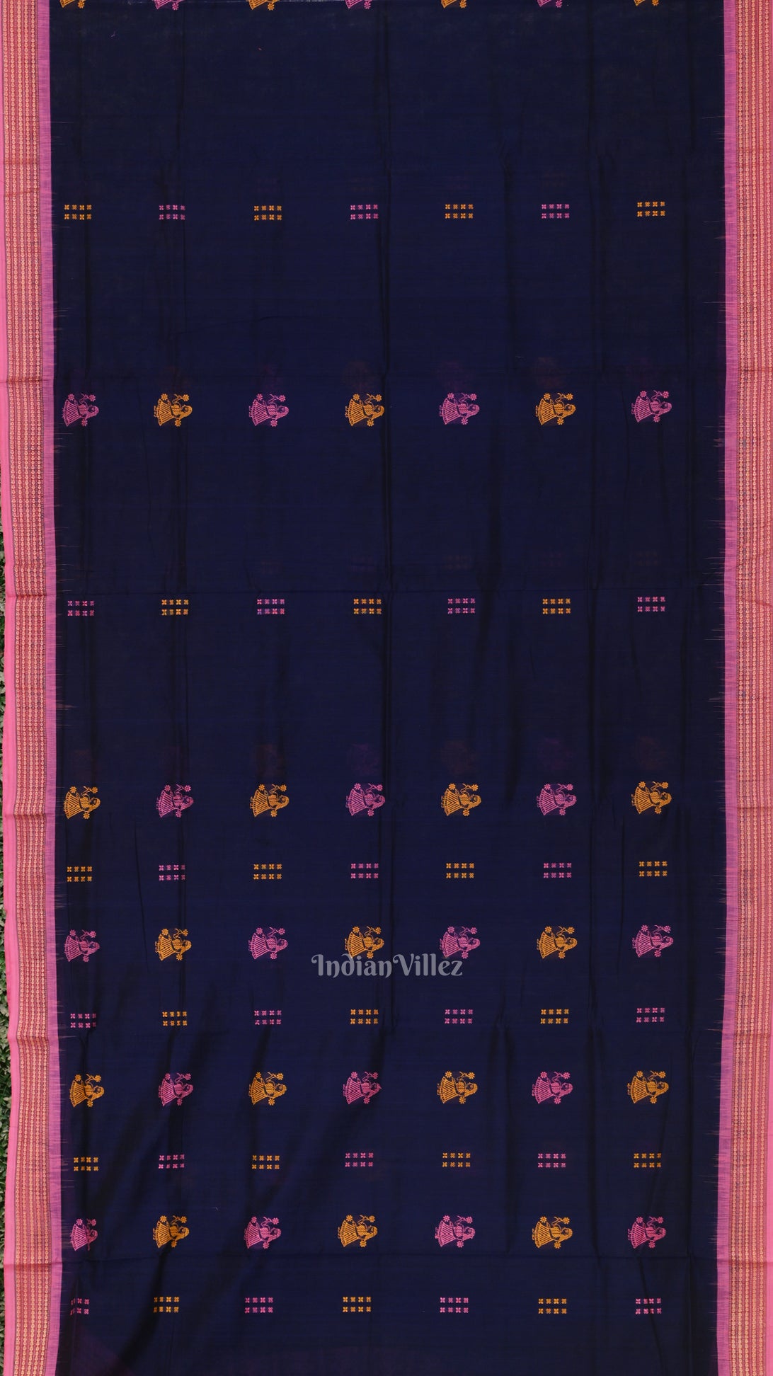 Navy Blue Pink Nartaki Theme Bomkai Cotton Saree 