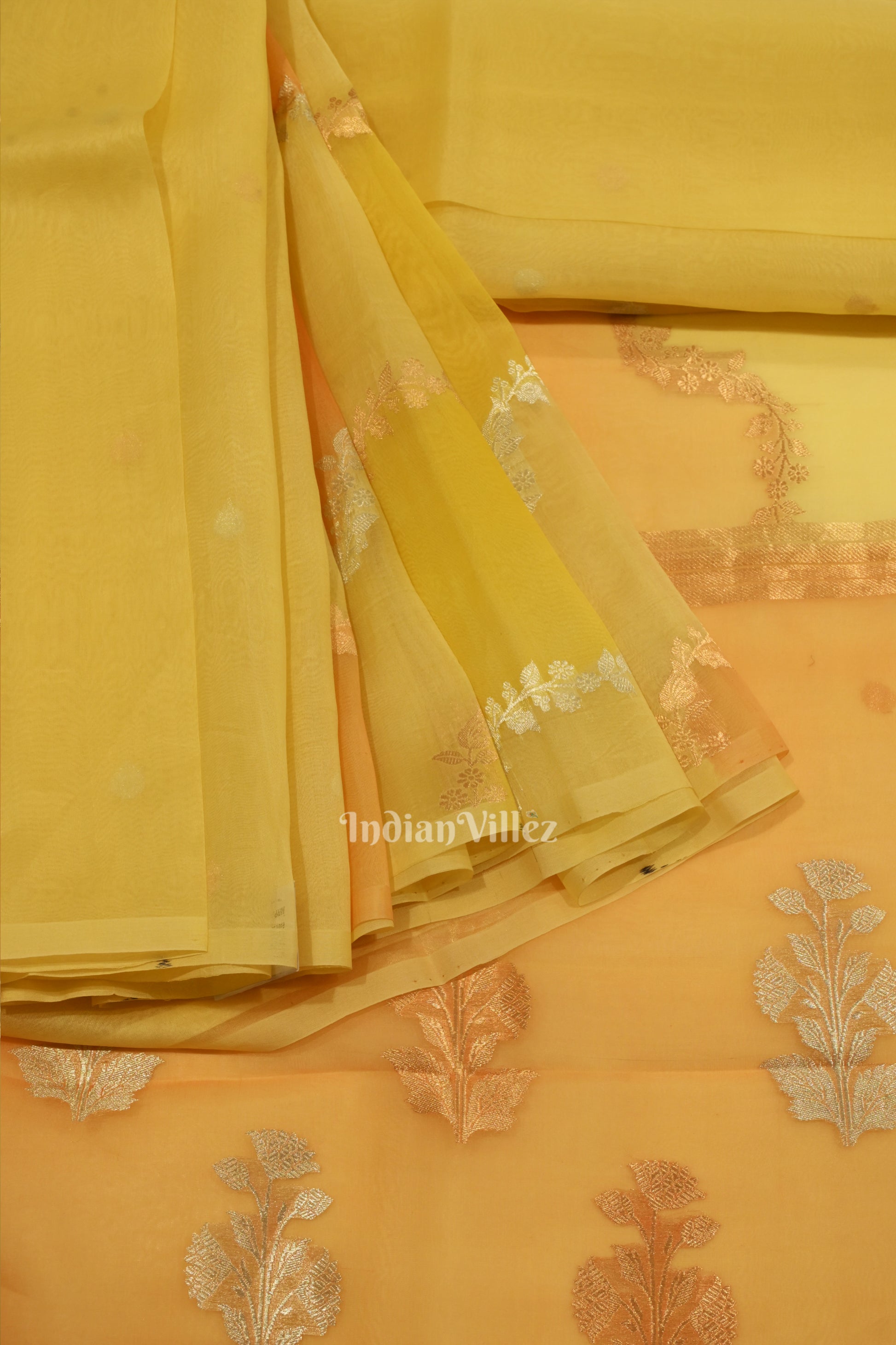 Lemon Yellow Pure Kora Banarasi Tissue Saree With Floral Handwork