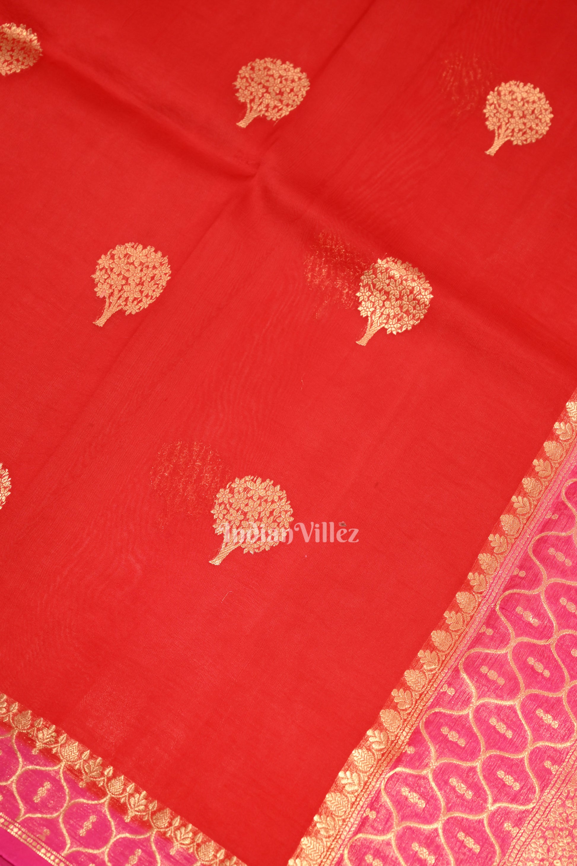 Pure Red Kora Banarasi Tissue Saree With Floral Handwork