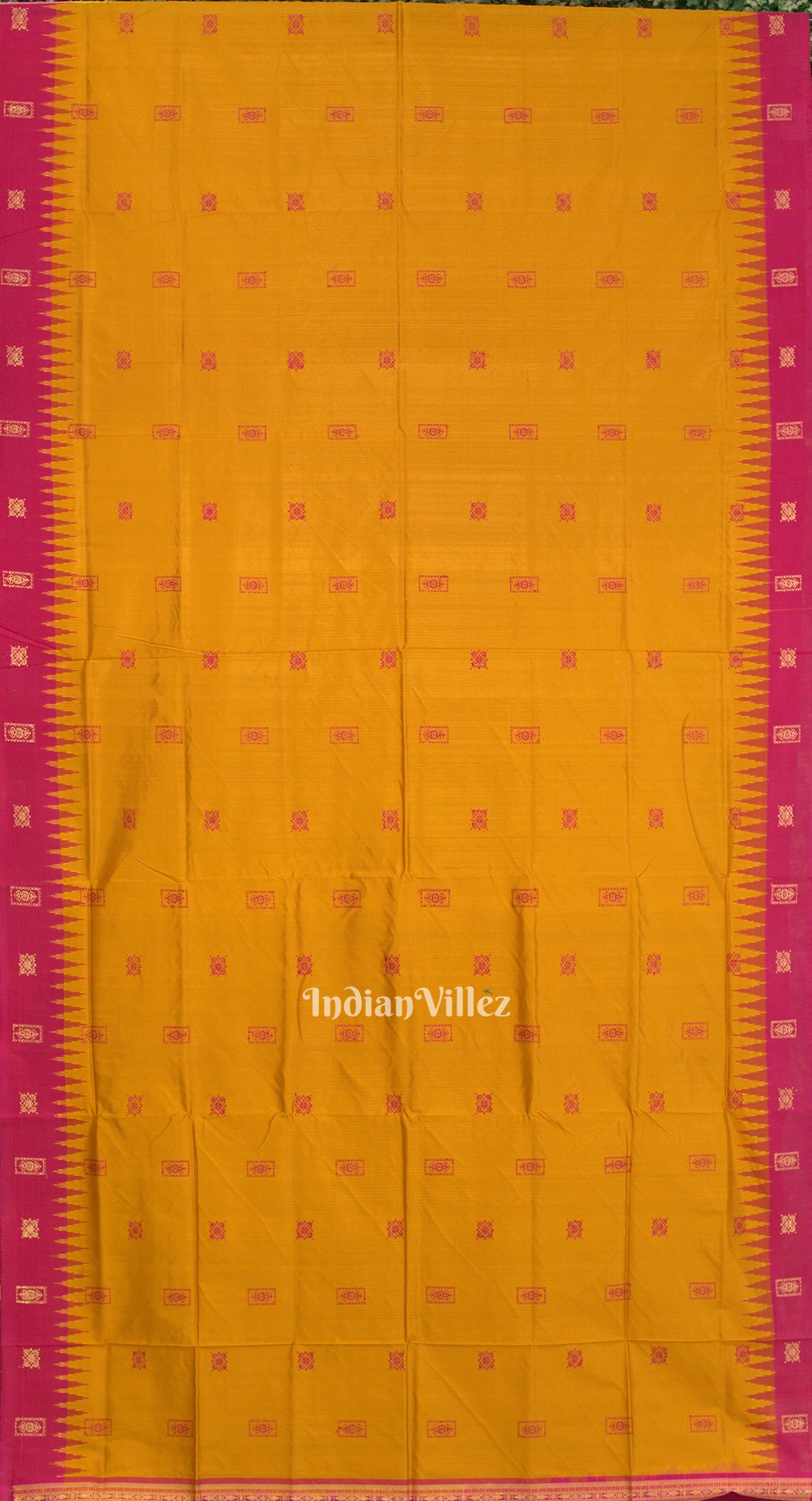 Golden Yellow Pink Flower Box Design Bomkai Sambalpuri Silk Saree