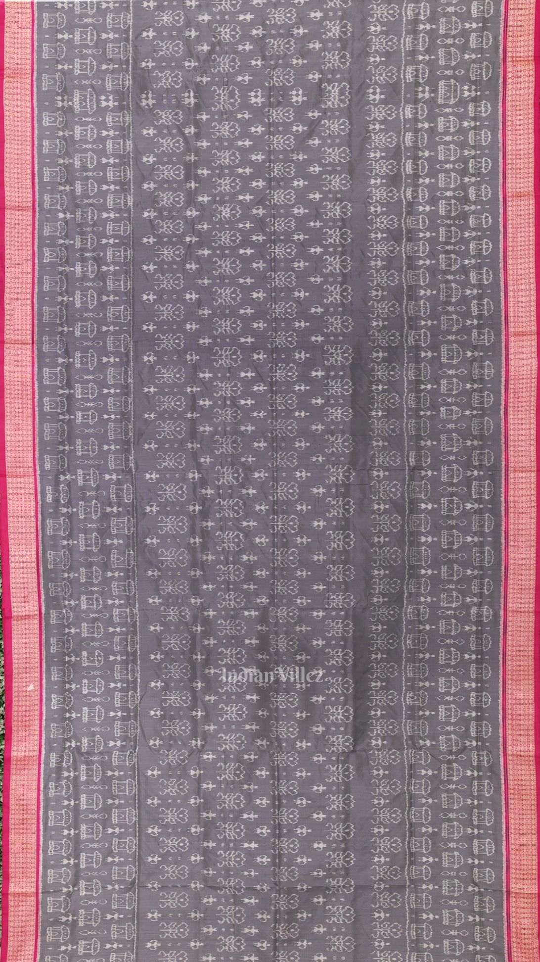 Cement Gray Rani Pink Tribal Theme Sambalpuri Silk Saree 