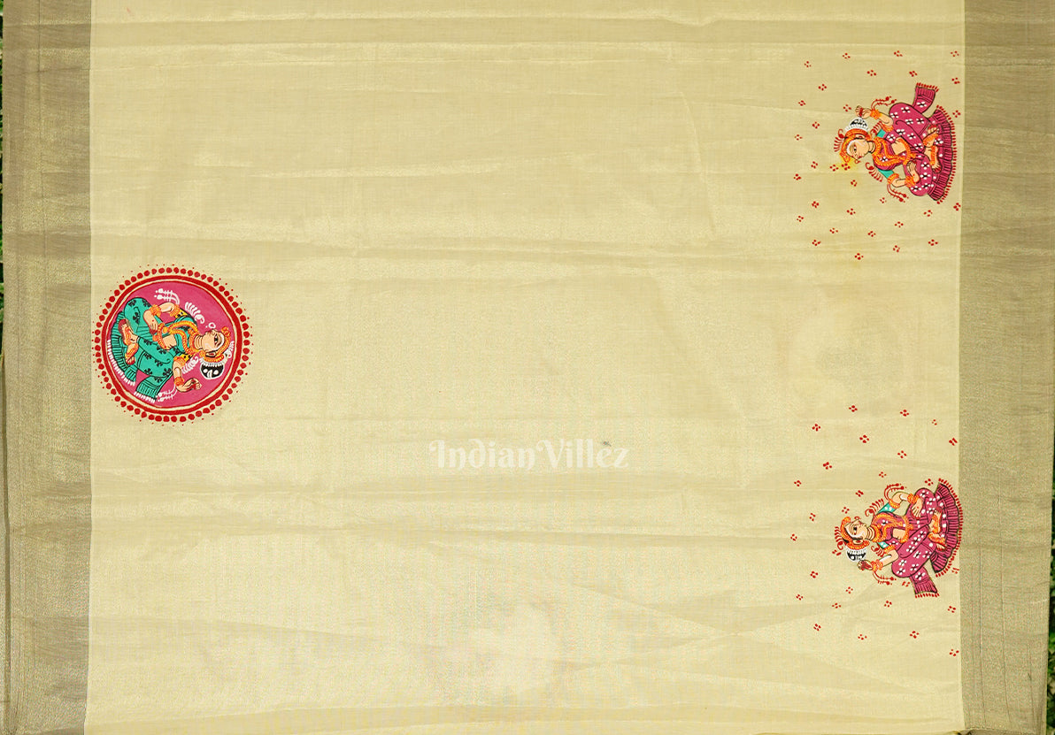 Cream Kerala Tissue Marriage Theme Pattachitra Silk Saree