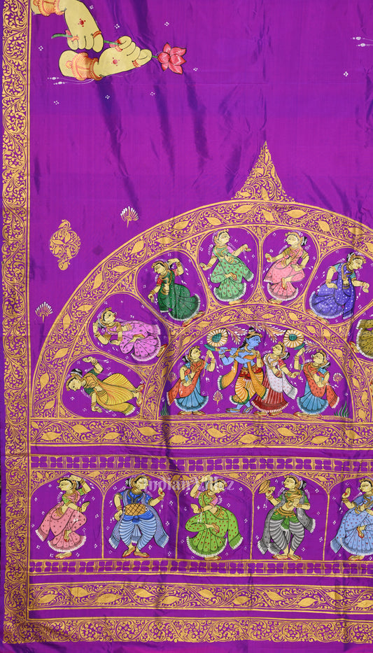 Purple Rasleela Hand-Painted Theme Pattachitra Silk Saree