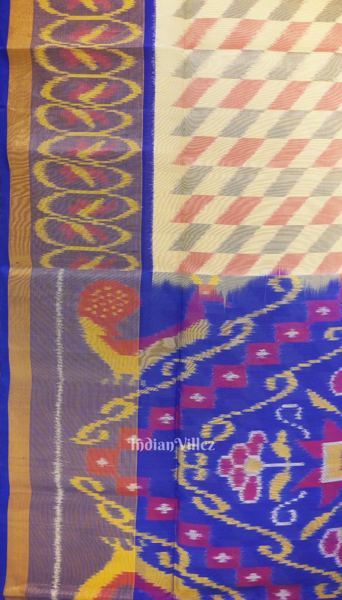 Off White Blue Pochampally Ikat Handloom Silk Saree