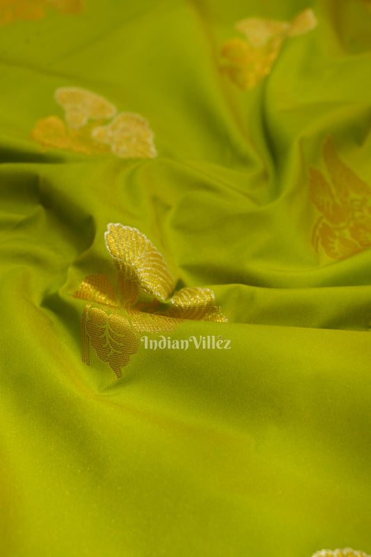 Parrot Green Brocade with Rani Pink Border Kanjivaram Silk Saree 