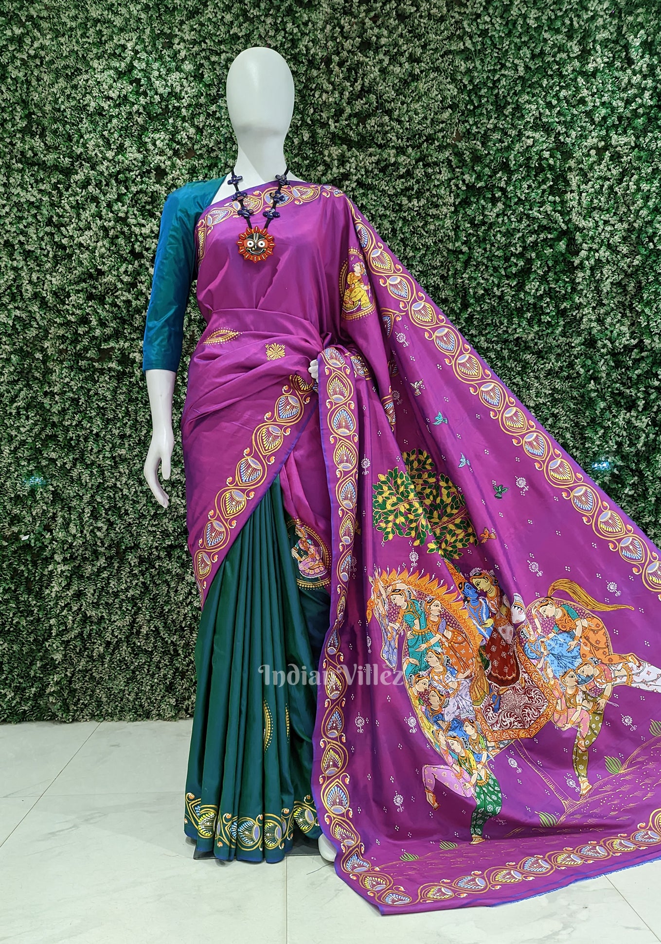 Purple Radha Krishna Theme Hand-Painted Pattachitra Saree