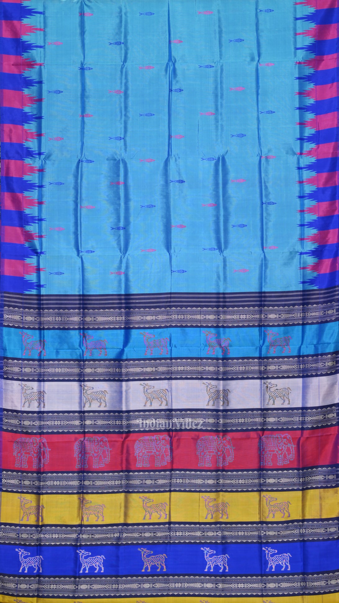 Sky Blue with Fish Motif Double Pallu Berhampuri Silk Saree