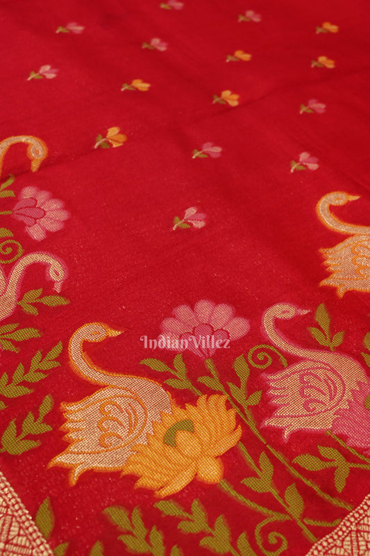  Blood Red Floral Motif Designer Katan Banarasi Silk Saree 