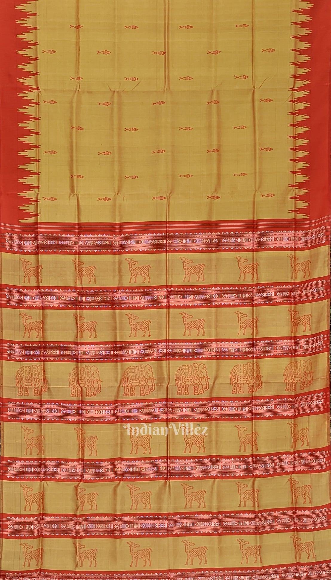 Golden Red Fish Motif Double Pallu Berhampuri Silk Saree