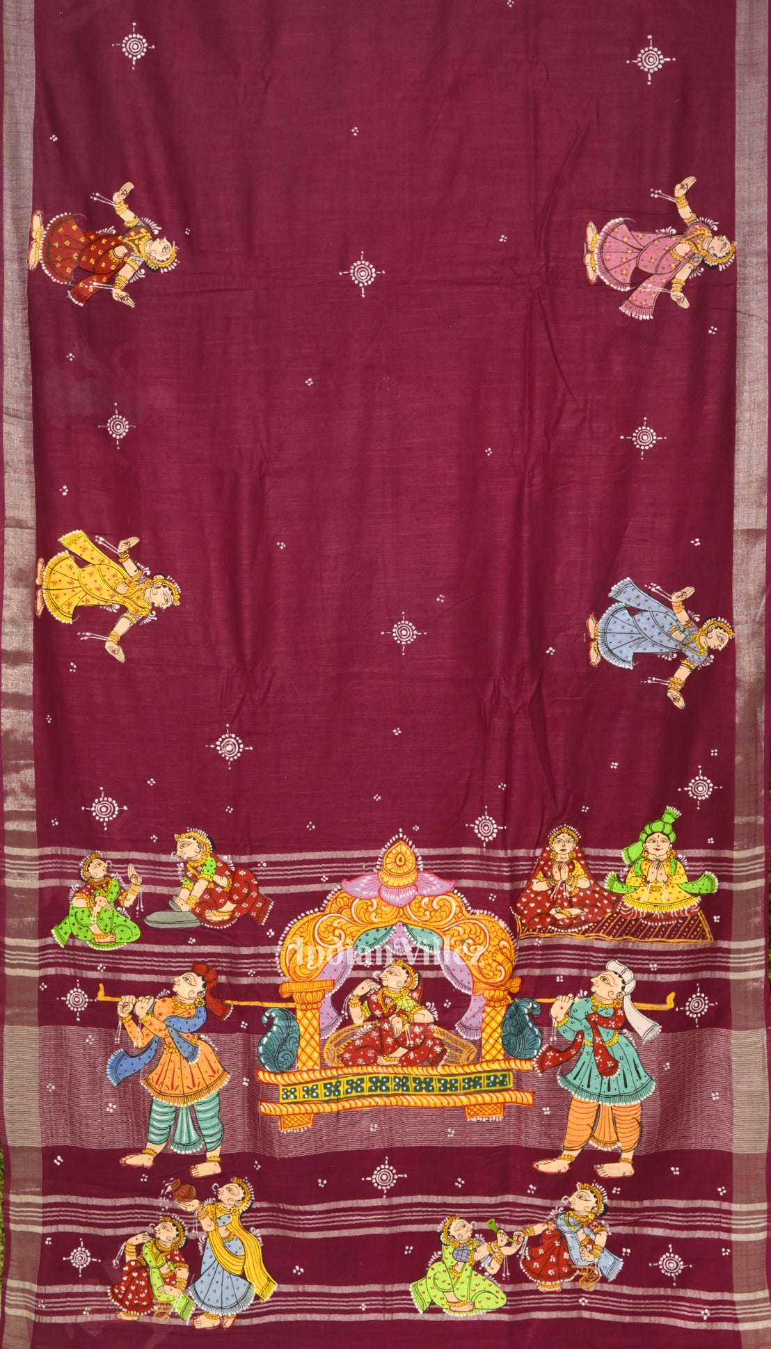 Magenta Doli Barat Theme Hand-Painted Pattachitra Linen Saree With Zari Border