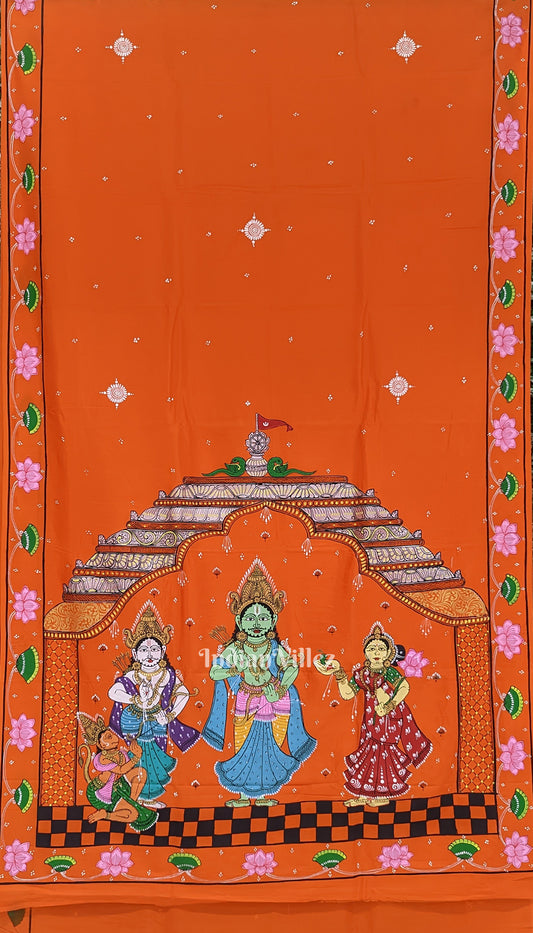 Orange Ramayana Theme Pattachitra Khadi Silk Saree