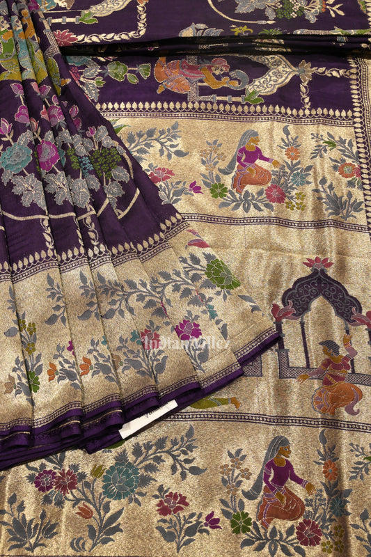 Violet Brocade Tussar Banarasi Handloom Silk Saree