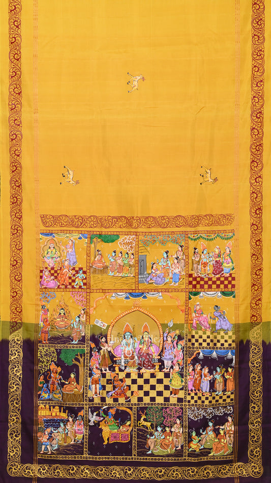 Yellow Violet Ramayan Theme Hand-Painted Pattachitra Saree 