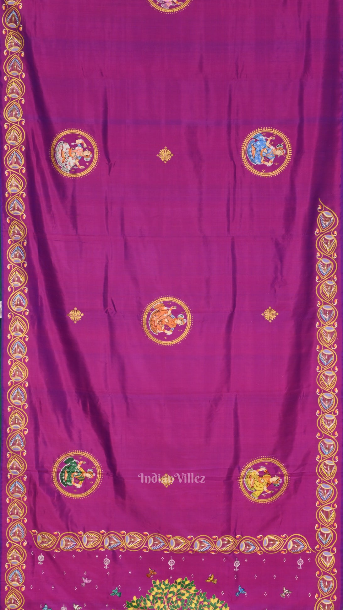 Purple Radha Krishna Theme Hand-Painted Pattachitra Saree 