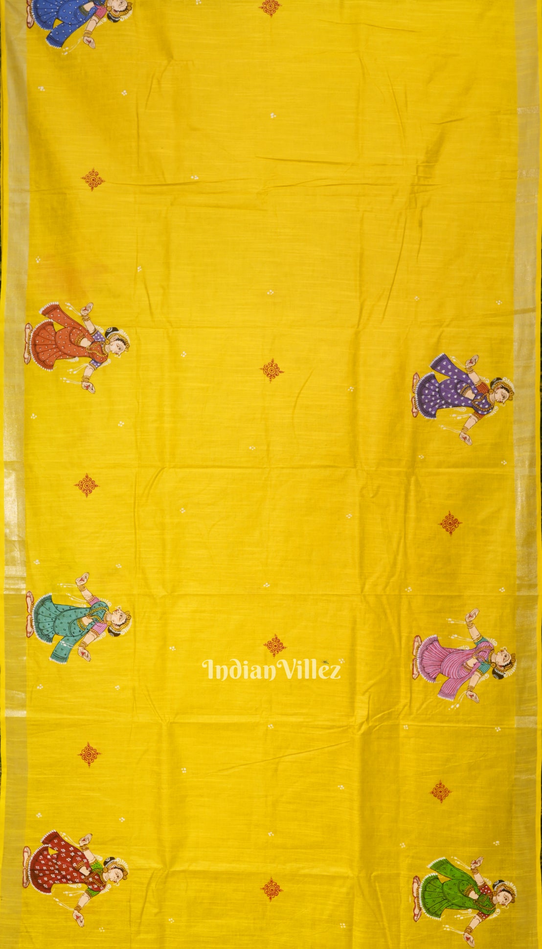 Yellow Palki Theme Hand-Painted Pattachitra Linen Saree With Zari Border