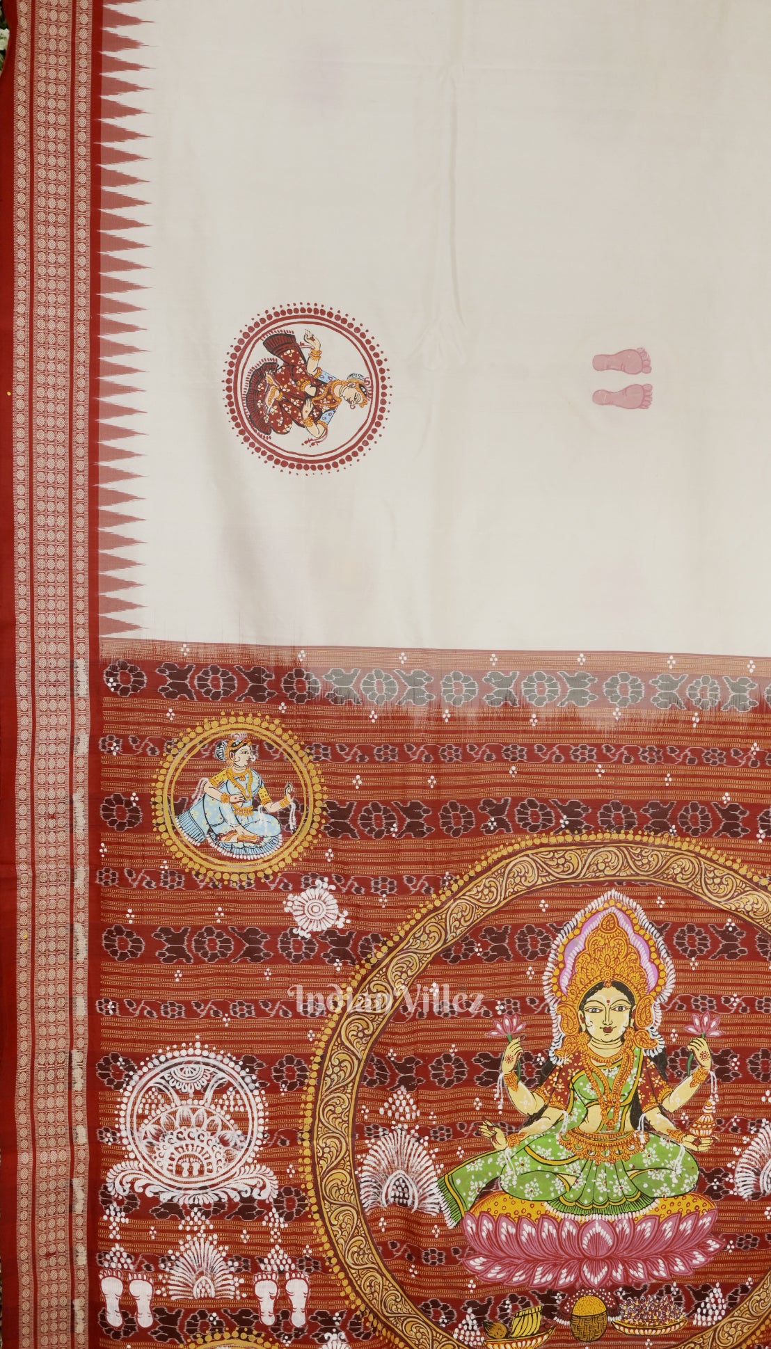 White Red Manabasa Maa Laxmi Sambalpuri Silk Pattachitra Saree