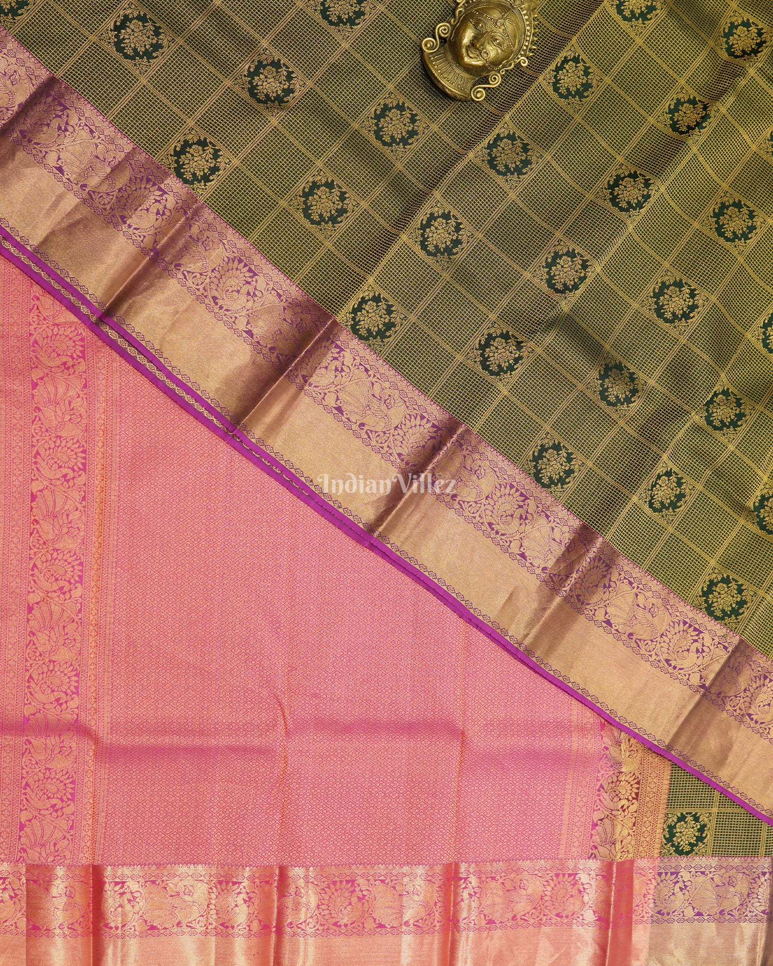 Green Checked Kanchipuram Silk Saree