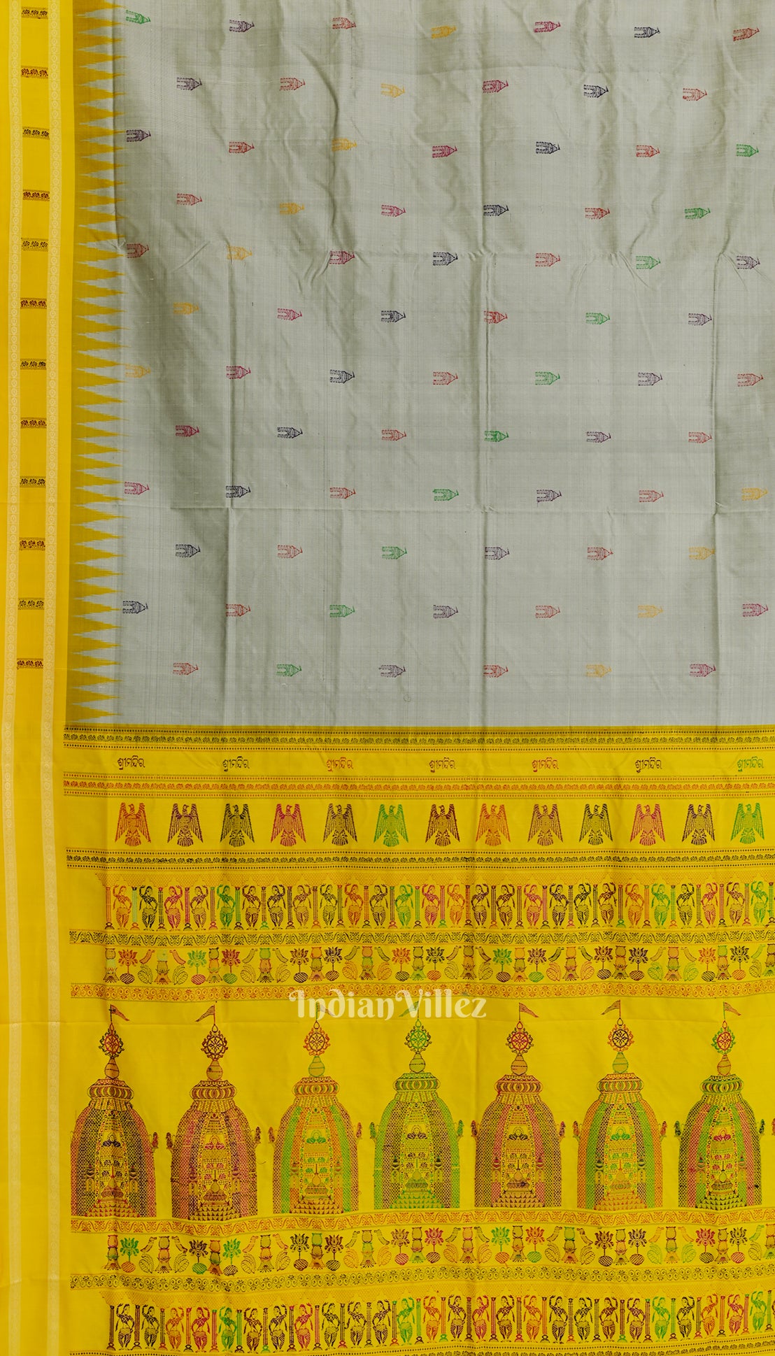 Grey Yellow Odisha Ikat Shree Mandir Sambalpuri Silk Saree