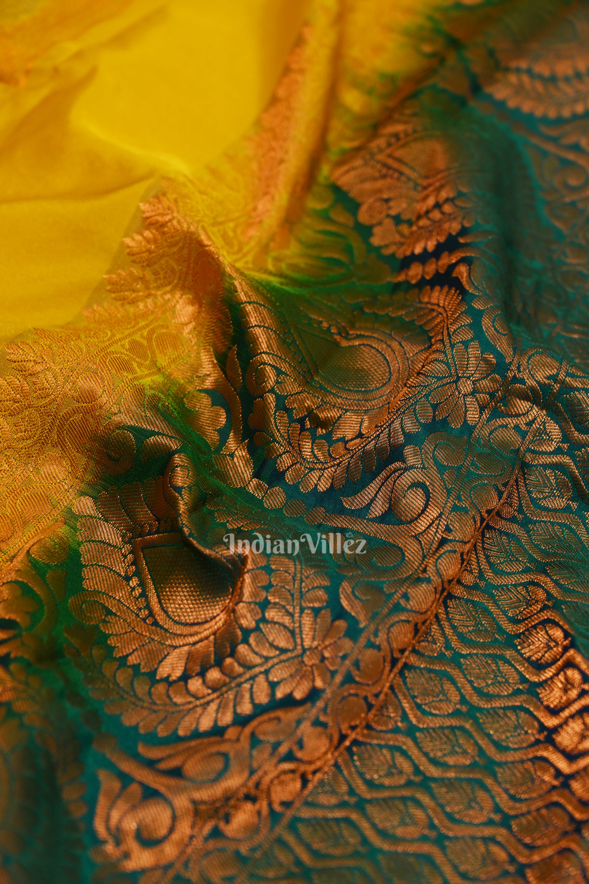 Yellow Pure Brocade with Green Broder Kanjivaram Silk Saree