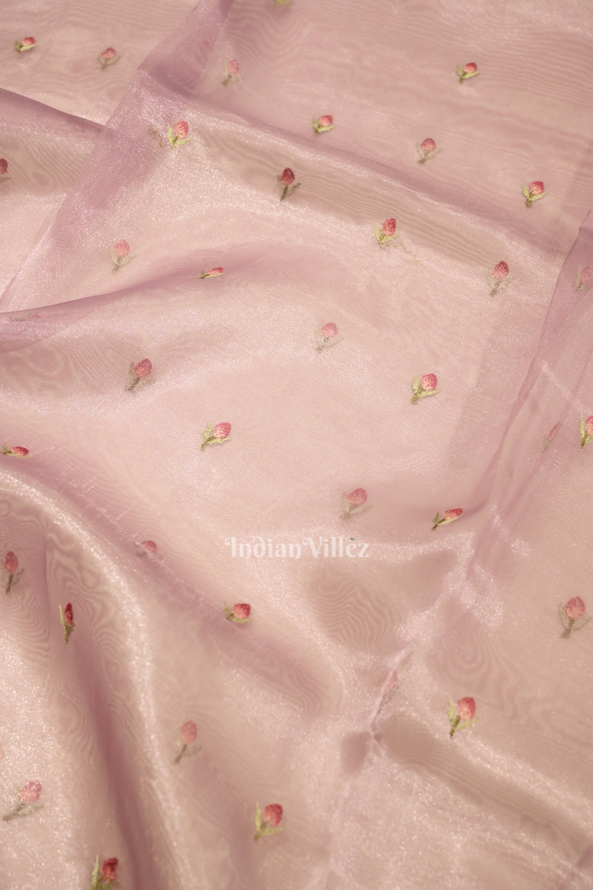 Baby Pink Kora Banarasi Silk Saree With Floral Thread Work