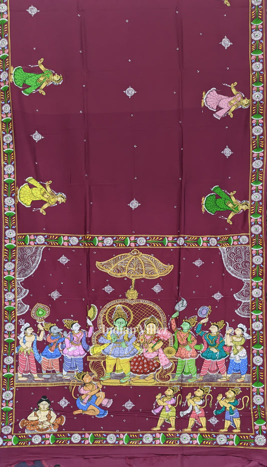 Magenta Ramayan Theme Hand-Painted Pattachitra Saree (Pre Order)